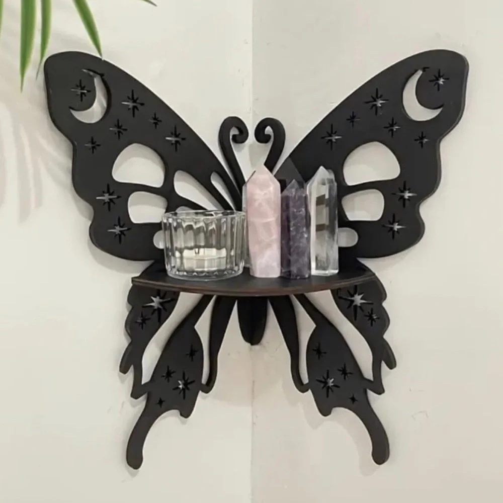 Butterfly Moon Laser Cut Black Wooden Floating Shelf